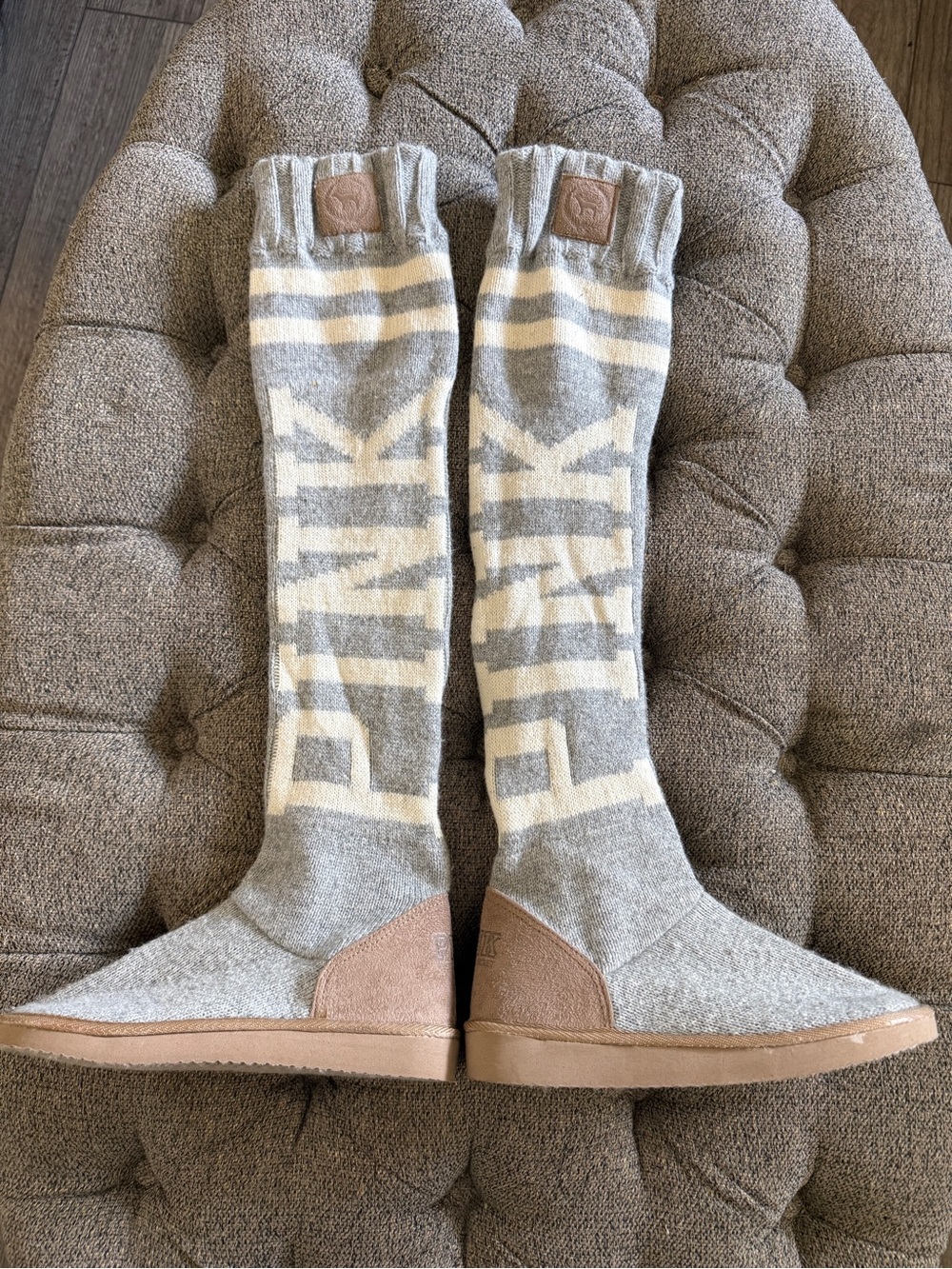 PINK Victoria's Secret Gray & Cream Knee-High Logo Sock Boots